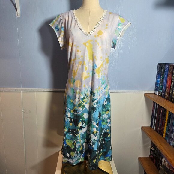MISSLOOK Other - Misslook Medium White Teal Splatter Print V Neck Shortsleeve Summer Nightgown